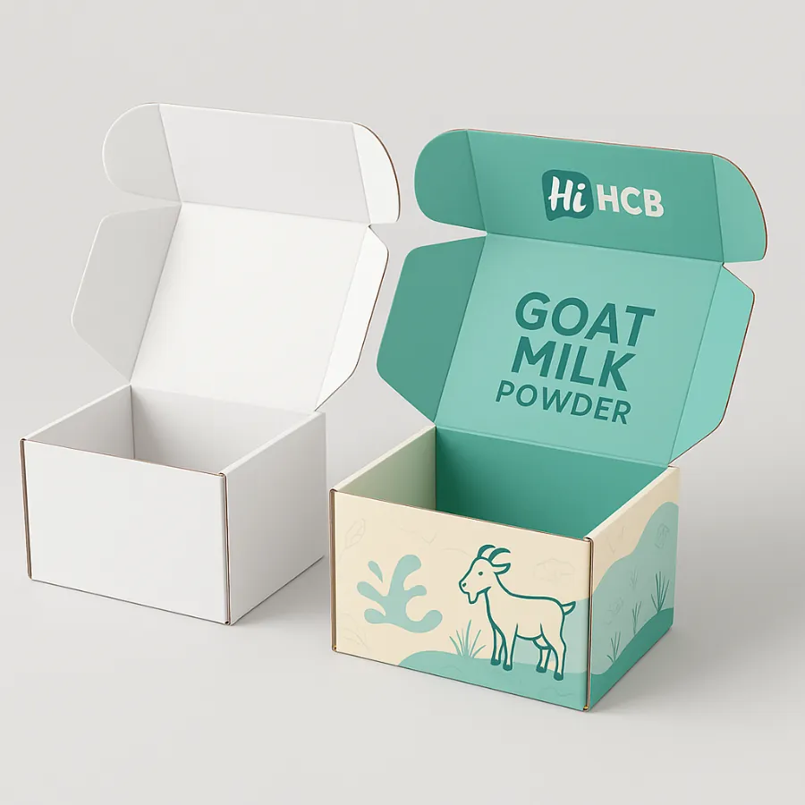Custom mailer boxes- one blank white and one with a teal goat illustration and branding- class=